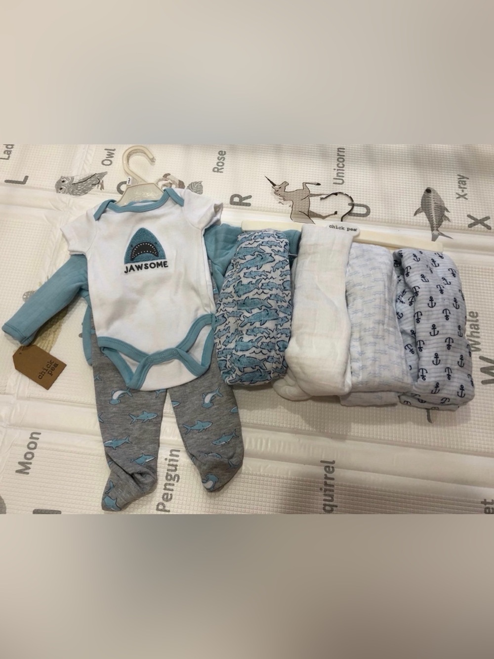 Chick pea baby boy outfit and swaddle blankets